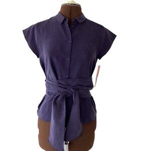 NWT Navy Silk Short Sleeve Button Front Shirt with Attached Sash